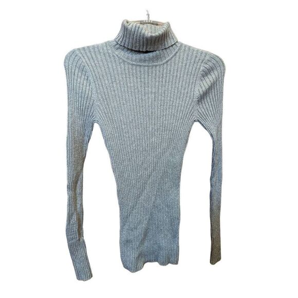 Express Women's Silver Metallic Long-Sleeve Stretchy Turtleneck Sweater Medium - Picture 2 of 6